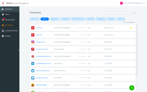 Avira Password Manager Dashboard - Accounts Screenshot